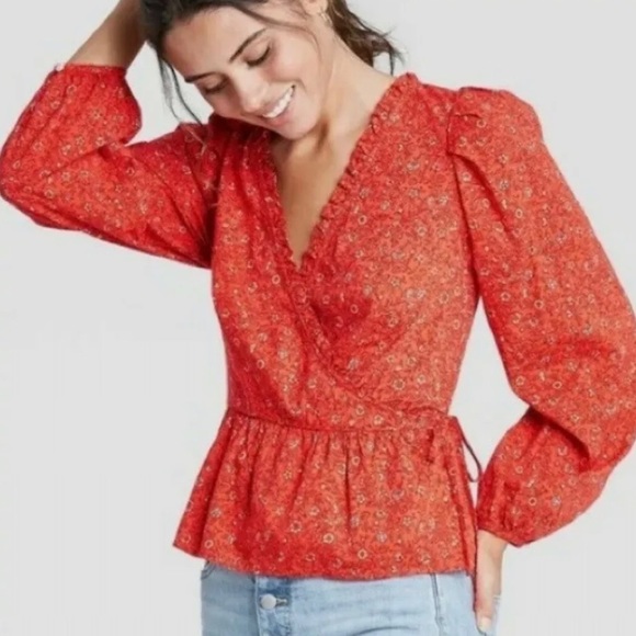 Universal Thread Red Orange Floral Balloon Sleeve Wrap Top - Size Medium - Picture 4 of 4